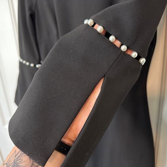 Calvin Klein Little Black Sheath Dress | NWT Size 2 | Bell Sleeve Pearl Detail - Picture 7 of 13